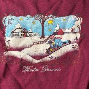 Vintage Winter Dreams Graphic Sweatshirt Cozy Snow Scene Graphic Print Maroon 2X